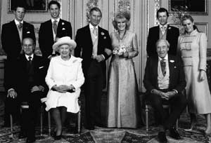 The Prince of Wales, the new Duchess of Cornwall and families after their wedding at Windsor on 9 April 2005