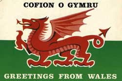 This is the Welsh flag with greetings in Welsh and English